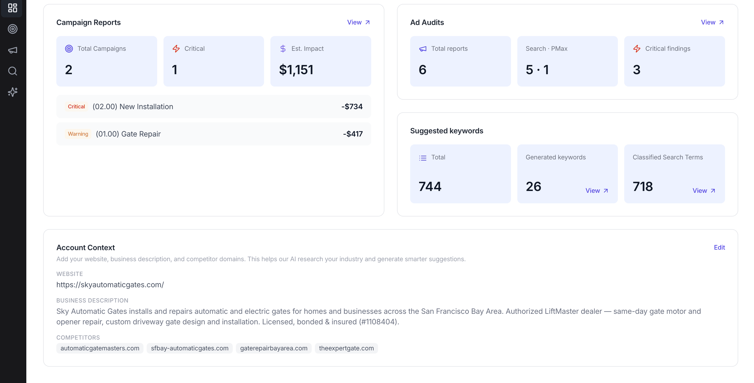 Oklamads campaign reports and suggested keywords